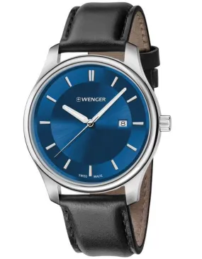 Wenger Womens City Classic Watch - Blue Dial - Stainless - Black Leather - Date