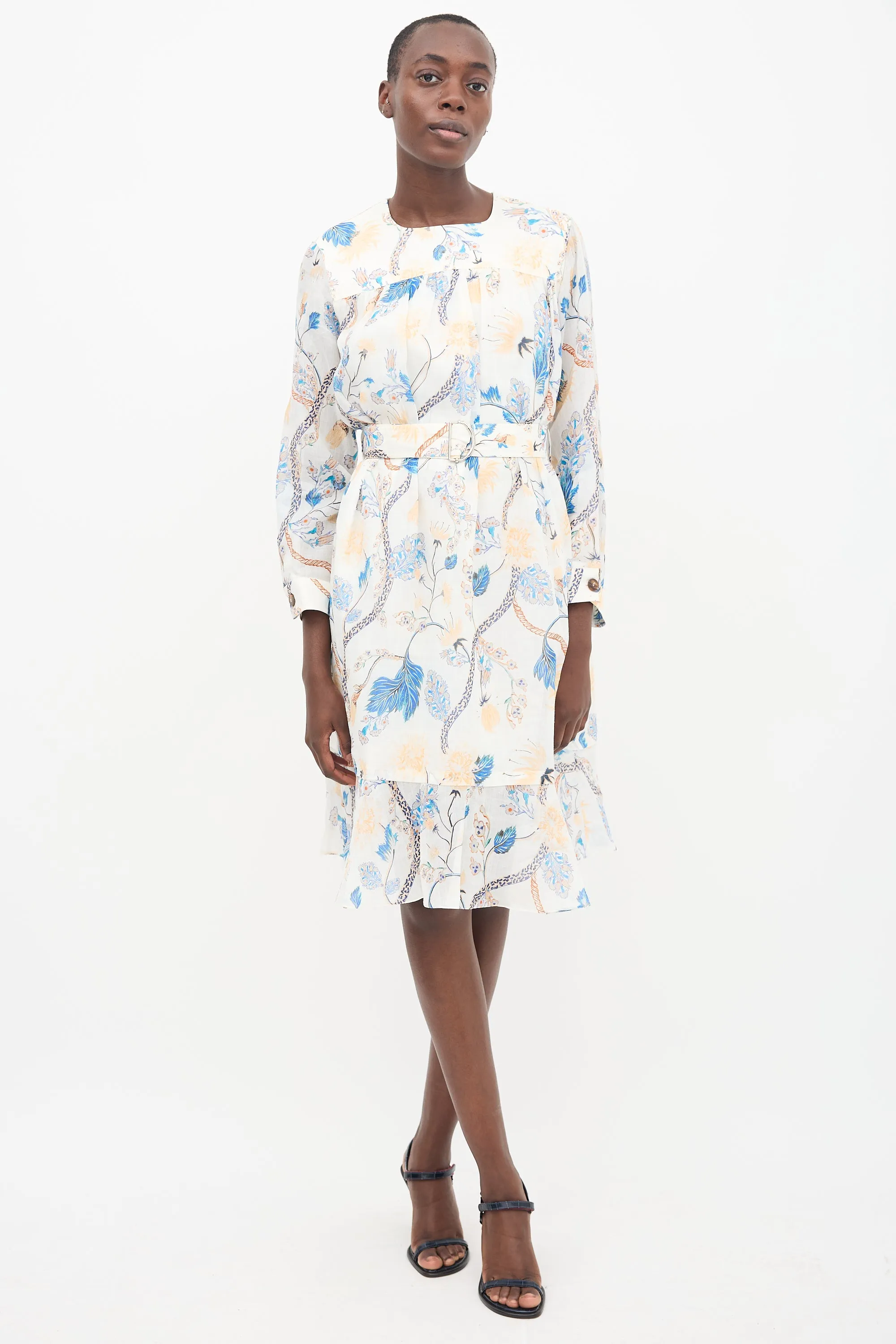 White & Multi Linen Printed Midi Dress