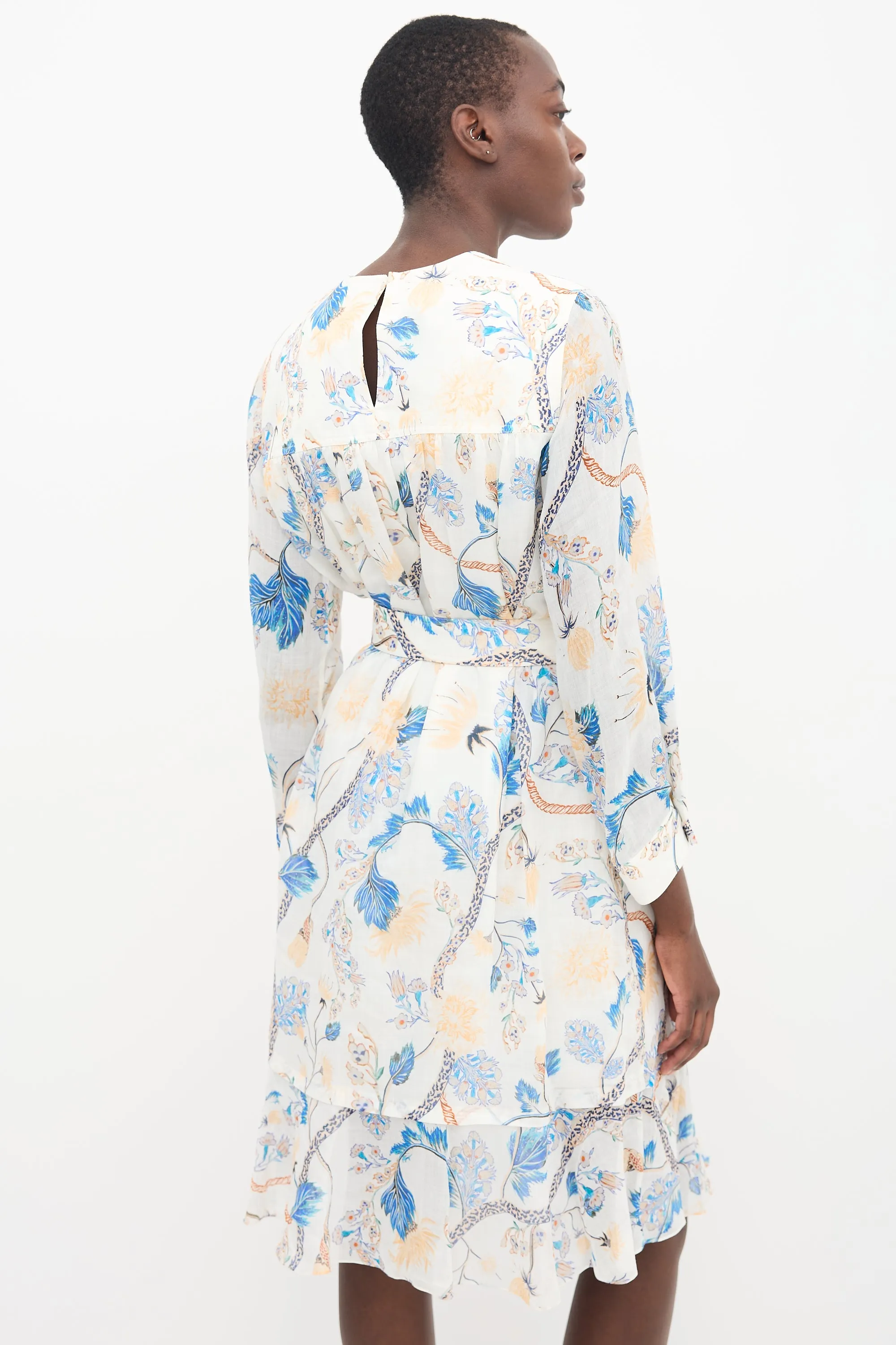 White & Multi Linen Printed Midi Dress