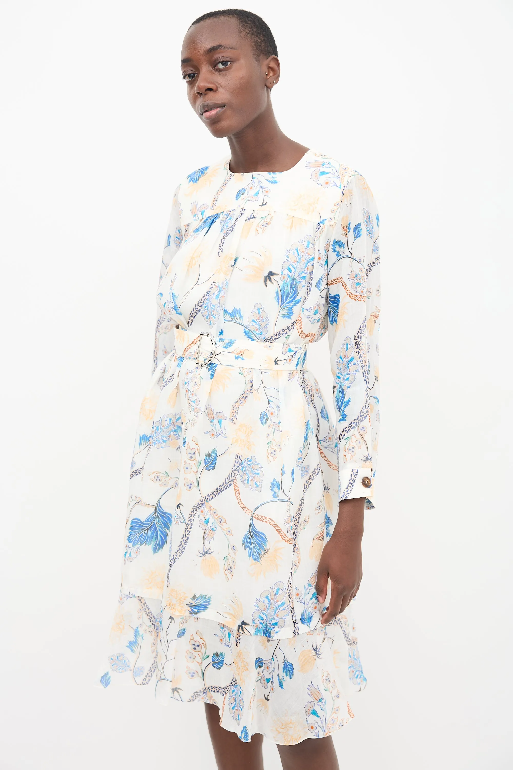 White & Multi Linen Printed Midi Dress