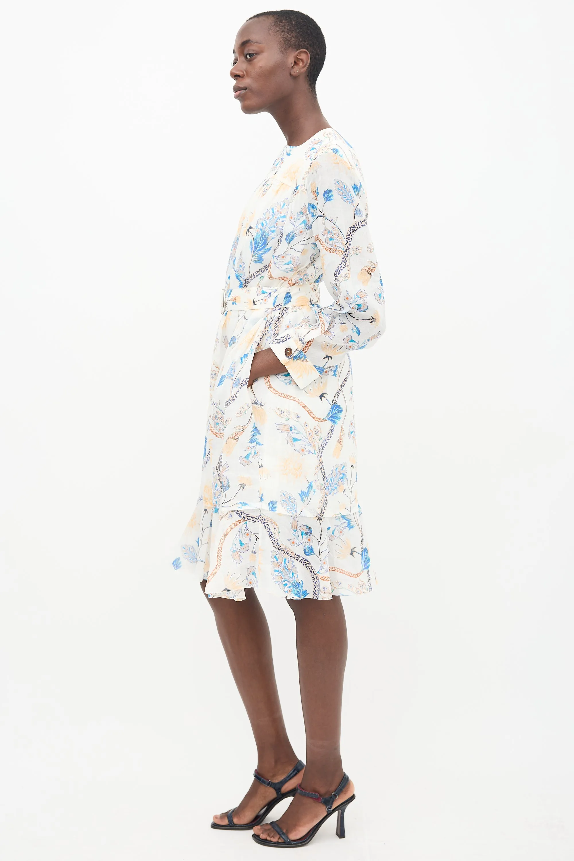 White & Multi Linen Printed Midi Dress