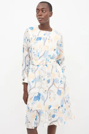 White & Multi Linen Printed Midi Dress
