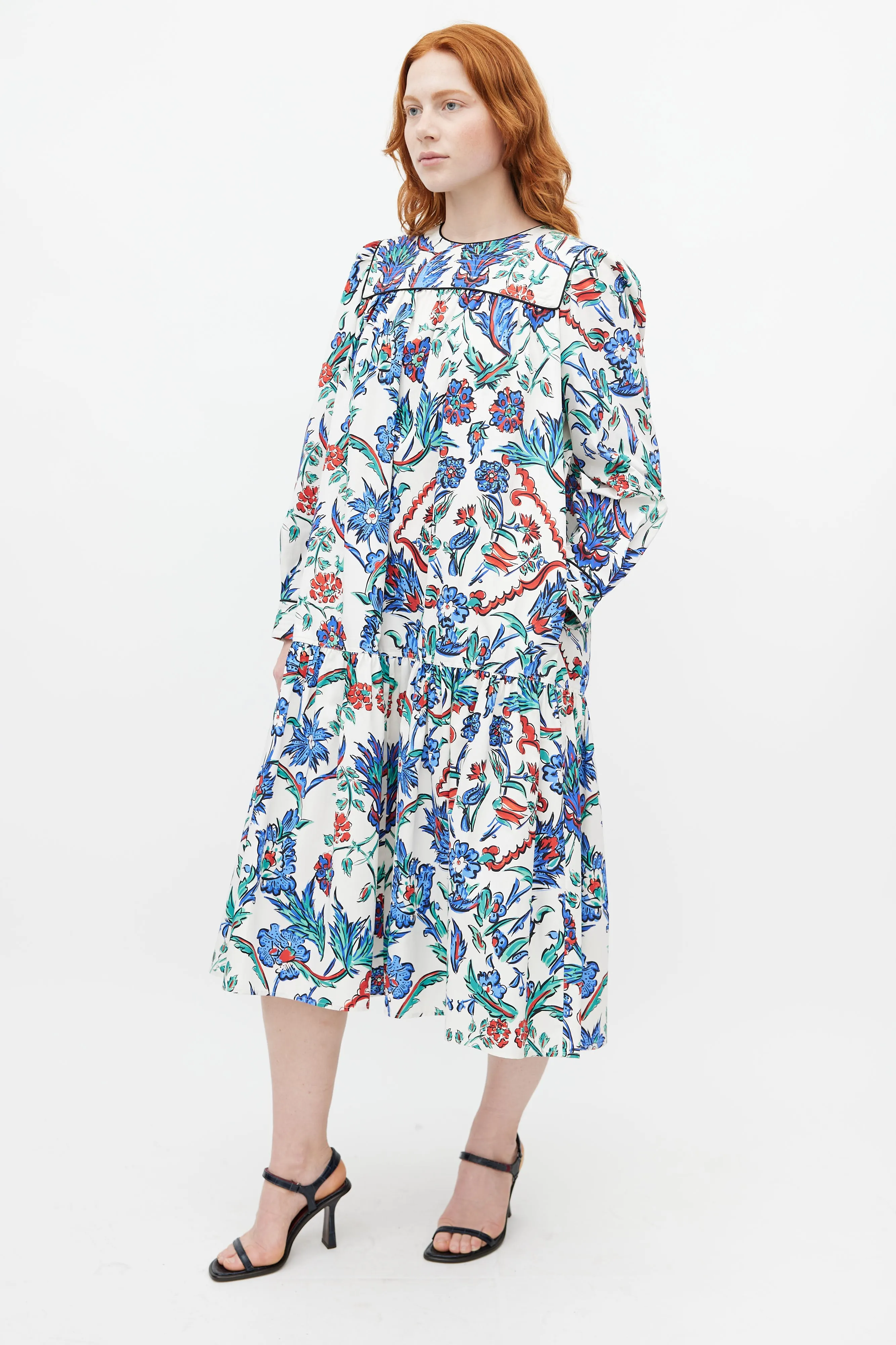 White & Multicolour Quilted Floral Belted Dress