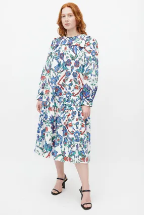 White & Multicolour Quilted Floral Belted Dress