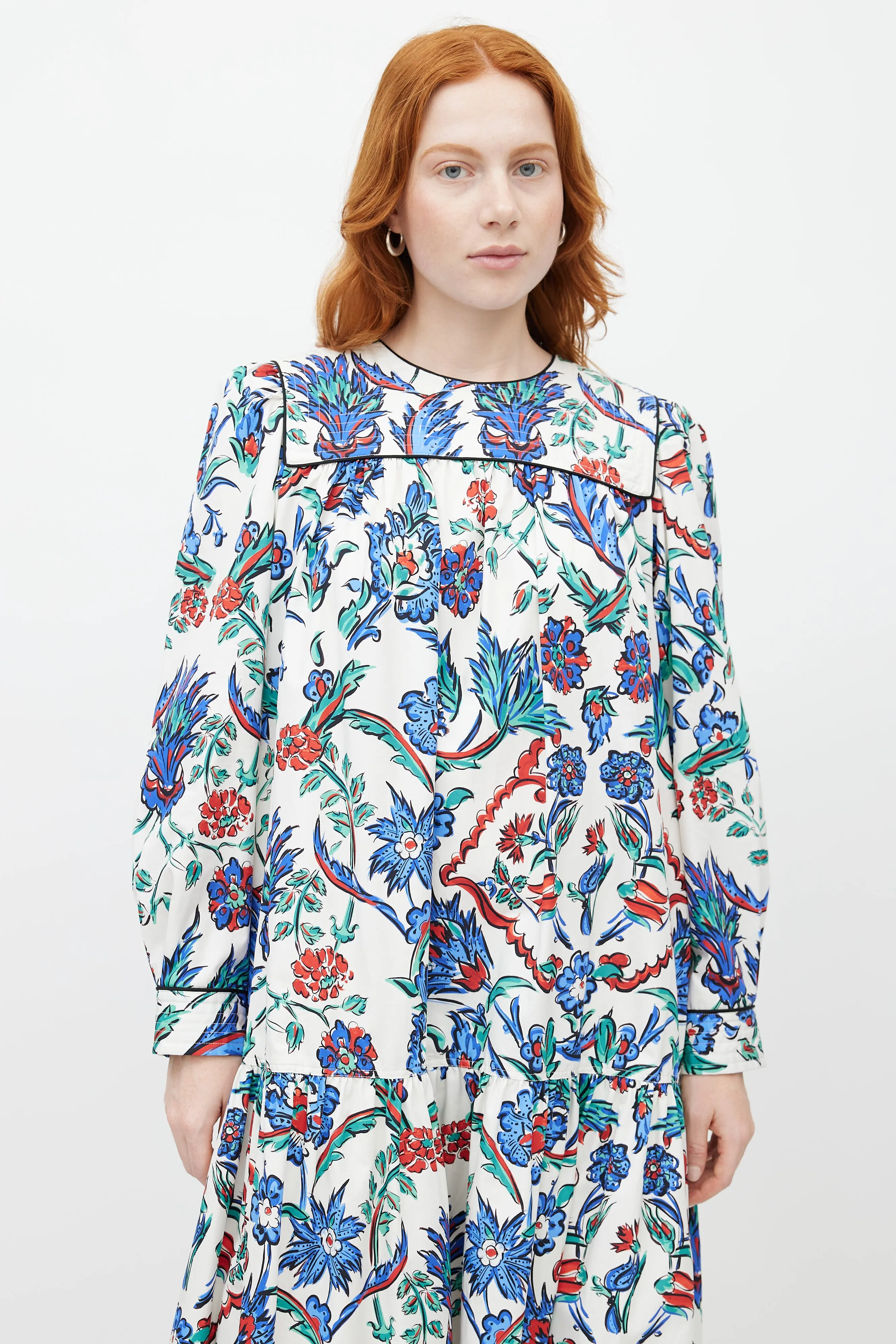 White & Multicolour Quilted Floral Belted Dress