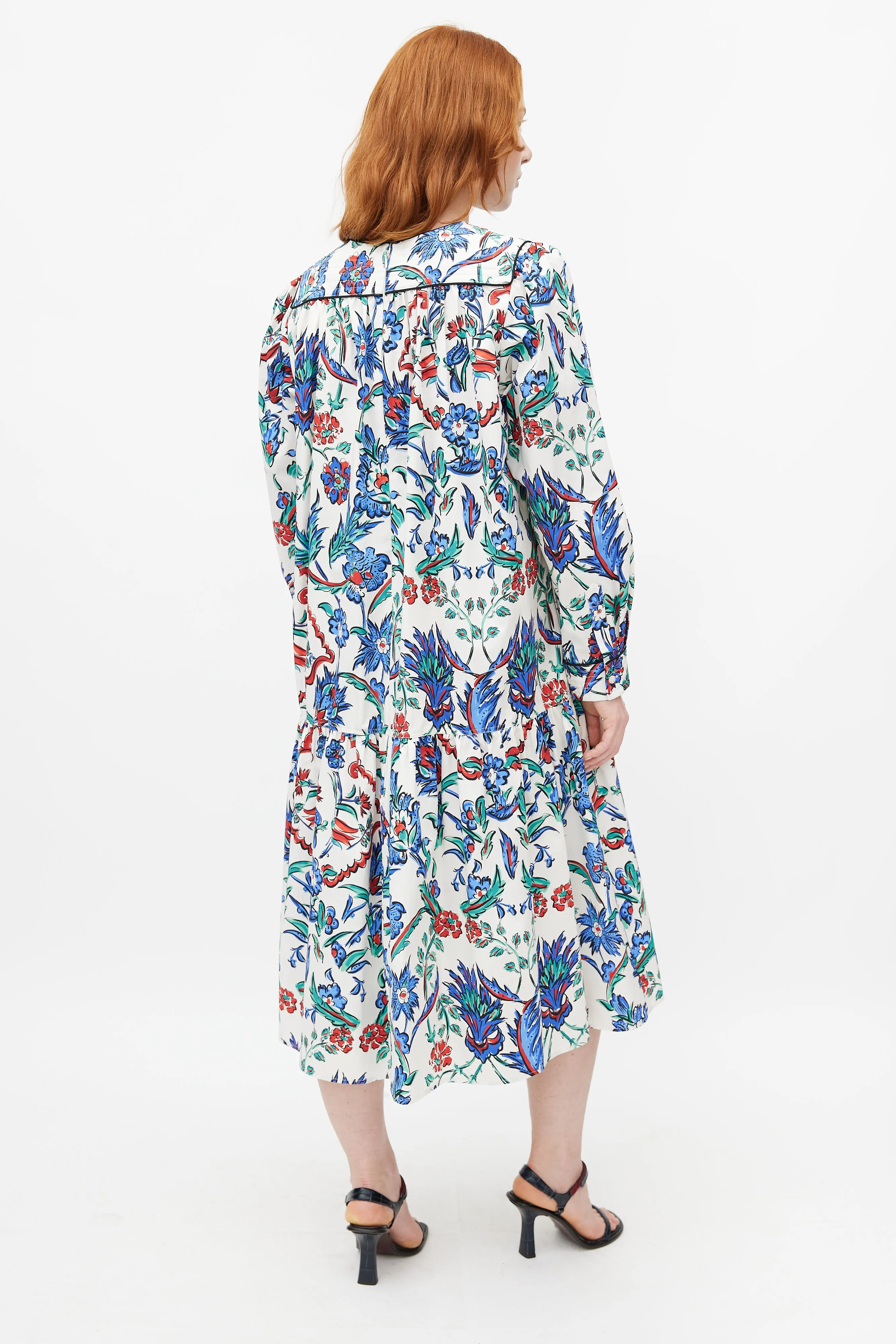 White & Multicolour Quilted Floral Belted Dress