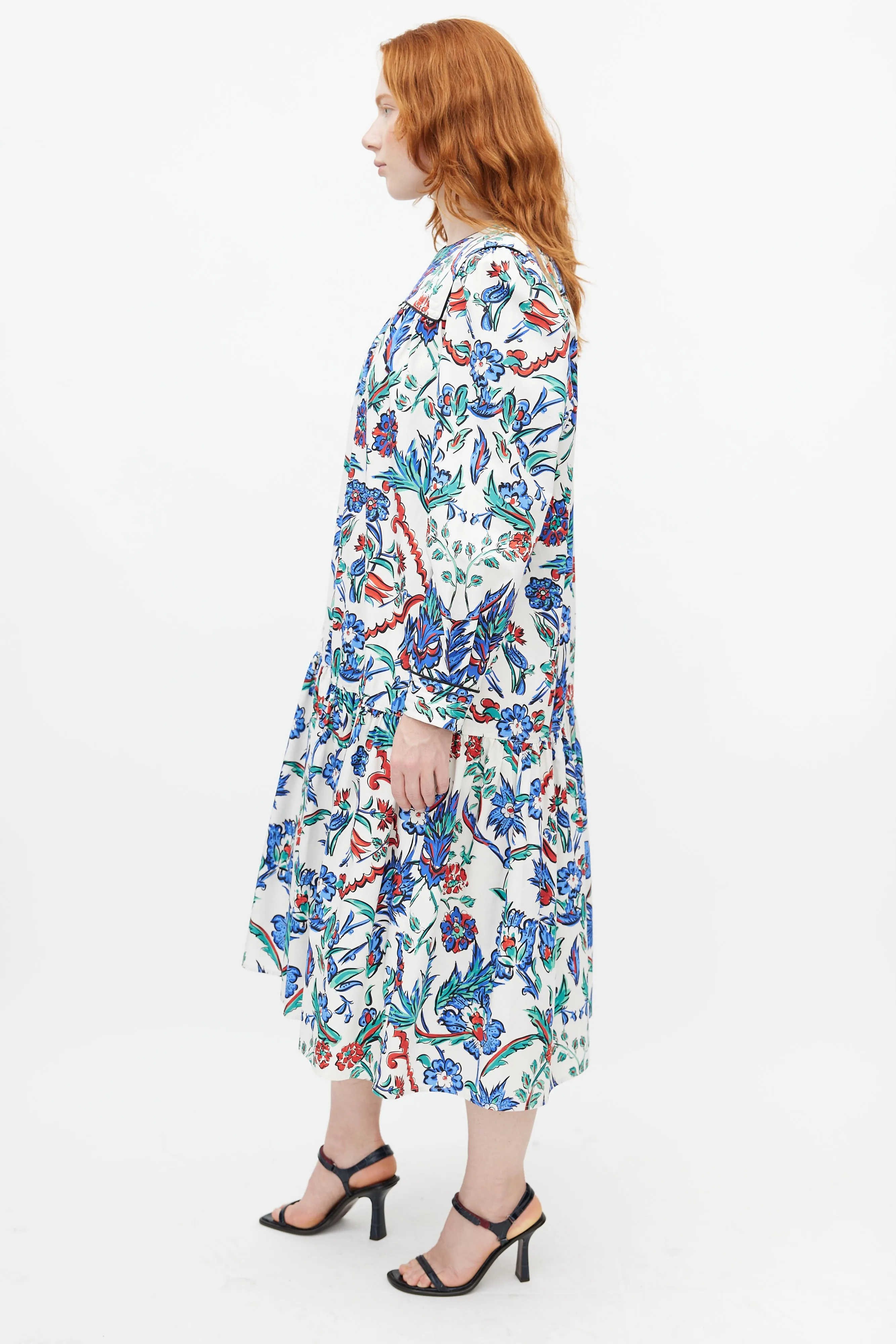 White & Multicolour Quilted Floral Belted Dress