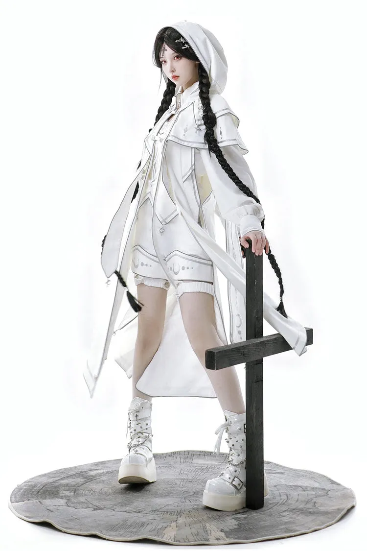 White Bionic Dimension Futuristic Mechanical Style Print Ouji Fashion Lolita Set (Including Top, Cape & Shorts)