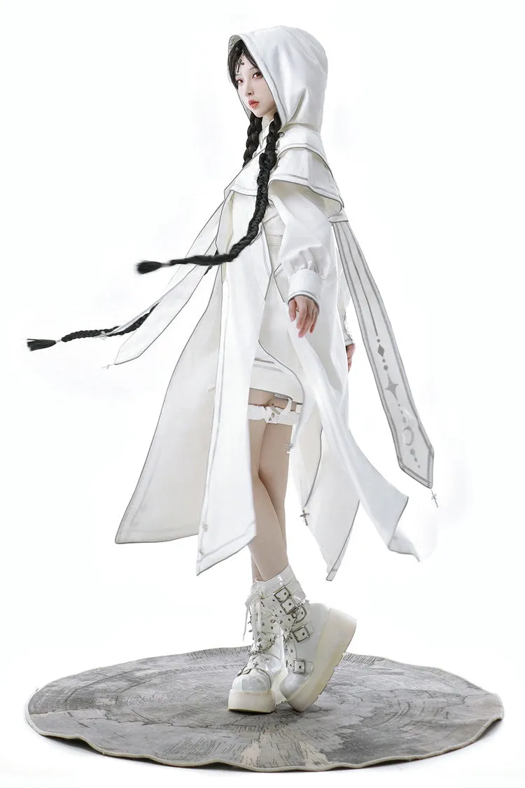 White Bionic Dimension Futuristic Mechanical Style Print Ouji Fashion Lolita Set (Including Top, Cape & Shorts)