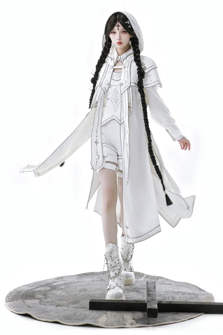 White Bionic Dimension Futuristic Mechanical Style Print Ouji Fashion Lolita Set (Including Top, Cape & Shorts)