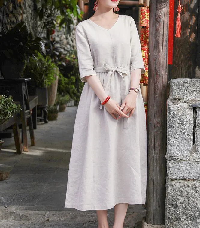 White Women Dresses Ramie Casual Spring Linen Women Dresses SSM97215