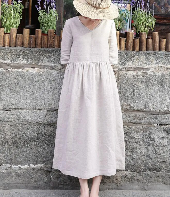 White Women Dresses Ramie Casual Spring Linen Women Dresses SSM97215