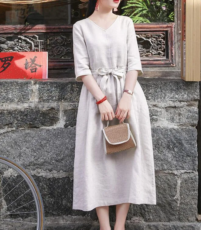 White Women Dresses Ramie Casual Spring Linen Women Dresses SSM97215