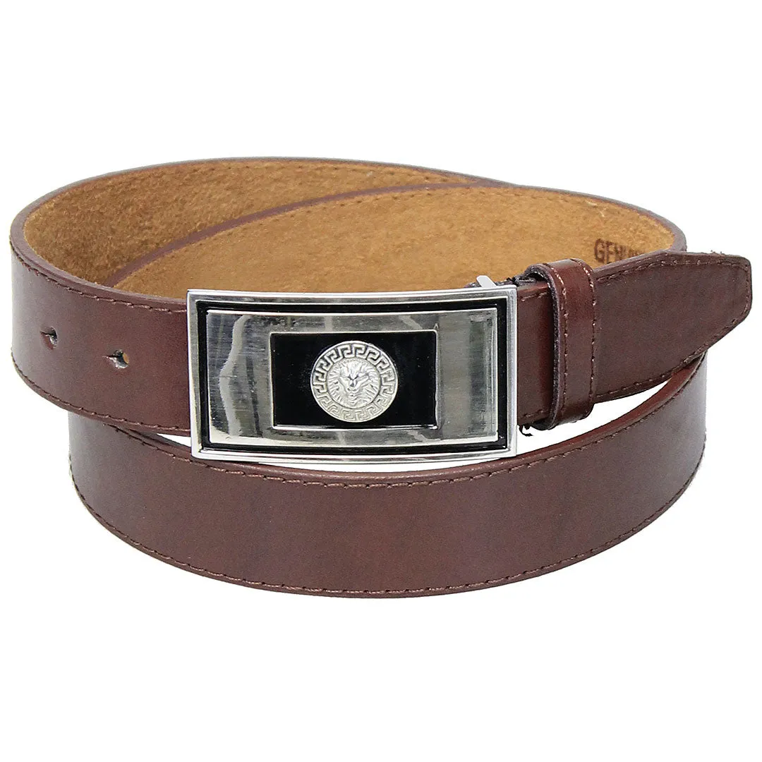 Wide Brown Dress Belt with Rectangular Chrome Buckle #BT2030N ()