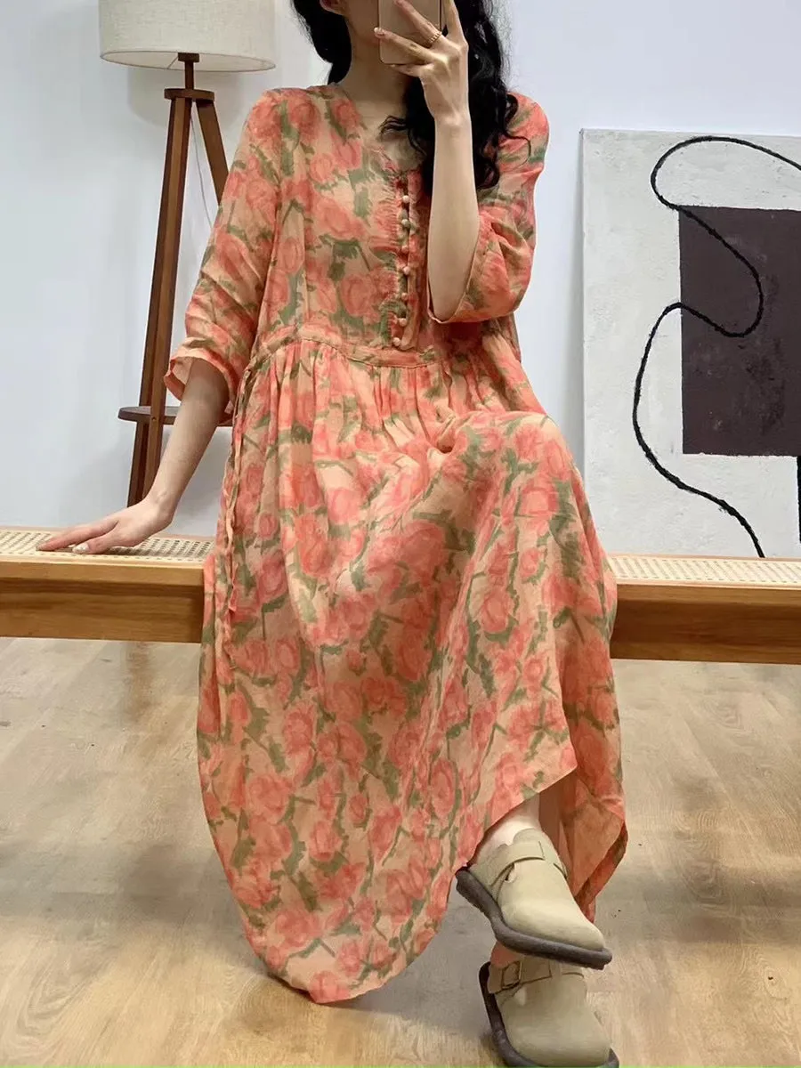 Women Artsy Floral Summer V-Neck Ramie Dress AA1036