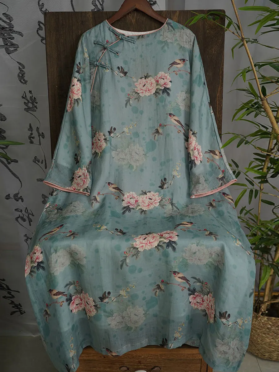 Women Autumn Vintage Flower Ramie Blue  Robe Dress AX1004