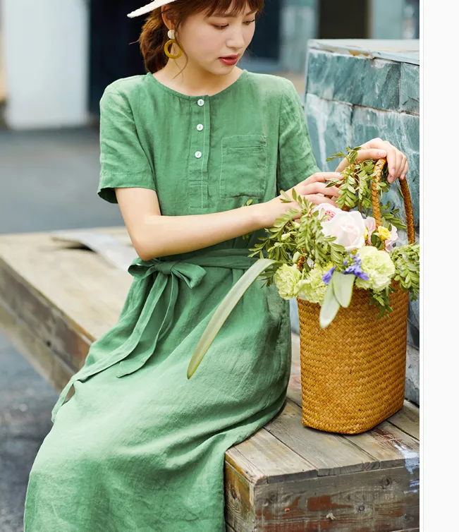 Women Dresses Ramie Casual Summer Buttons Linen Shirts Women Dresses SJ97215