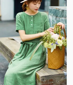 Women Dresses Ramie Casual Summer Buttons Linen Shirts Women Dresses SJ97215