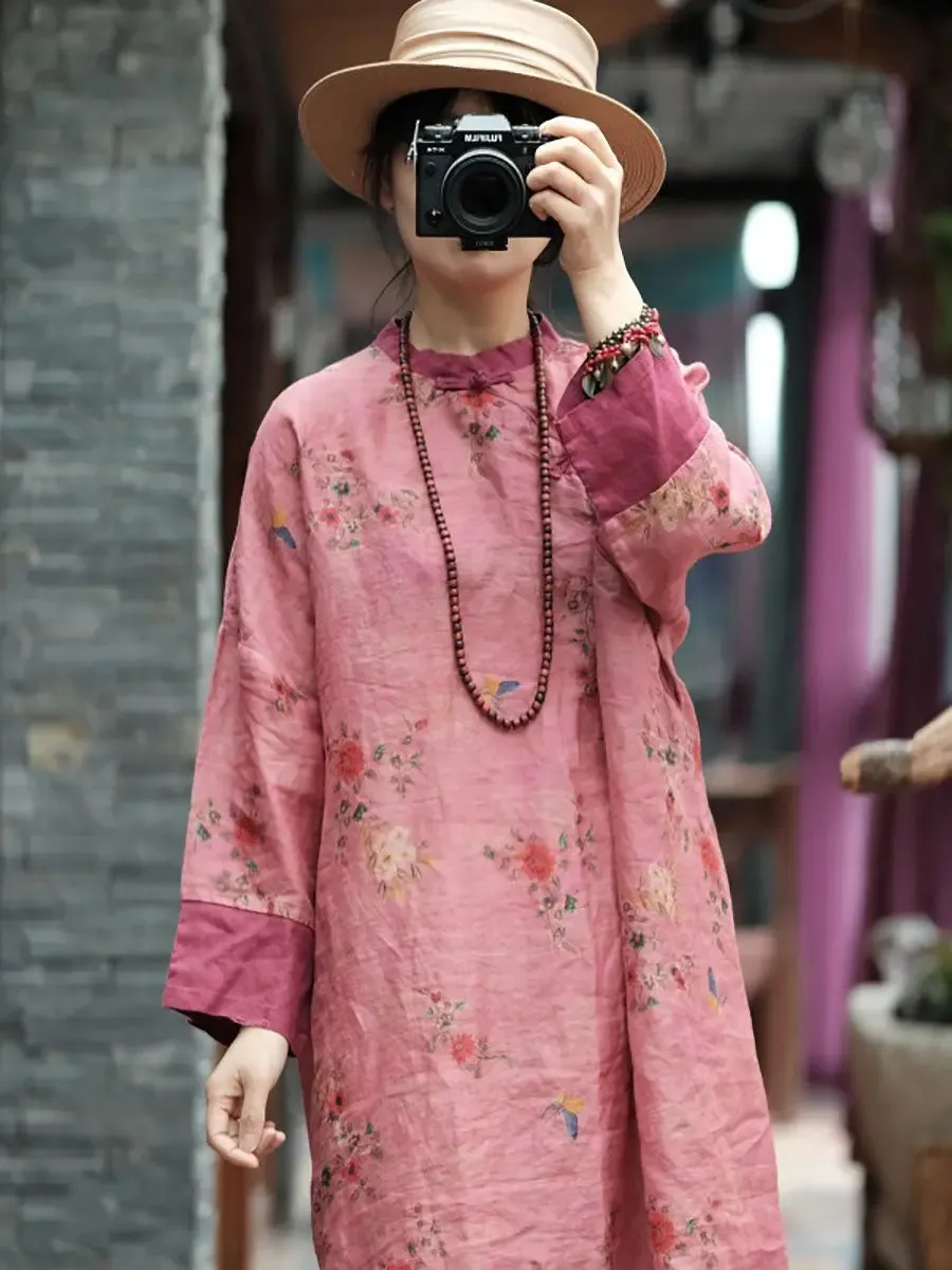 Women Floral Spliced Ramie Robe Dress