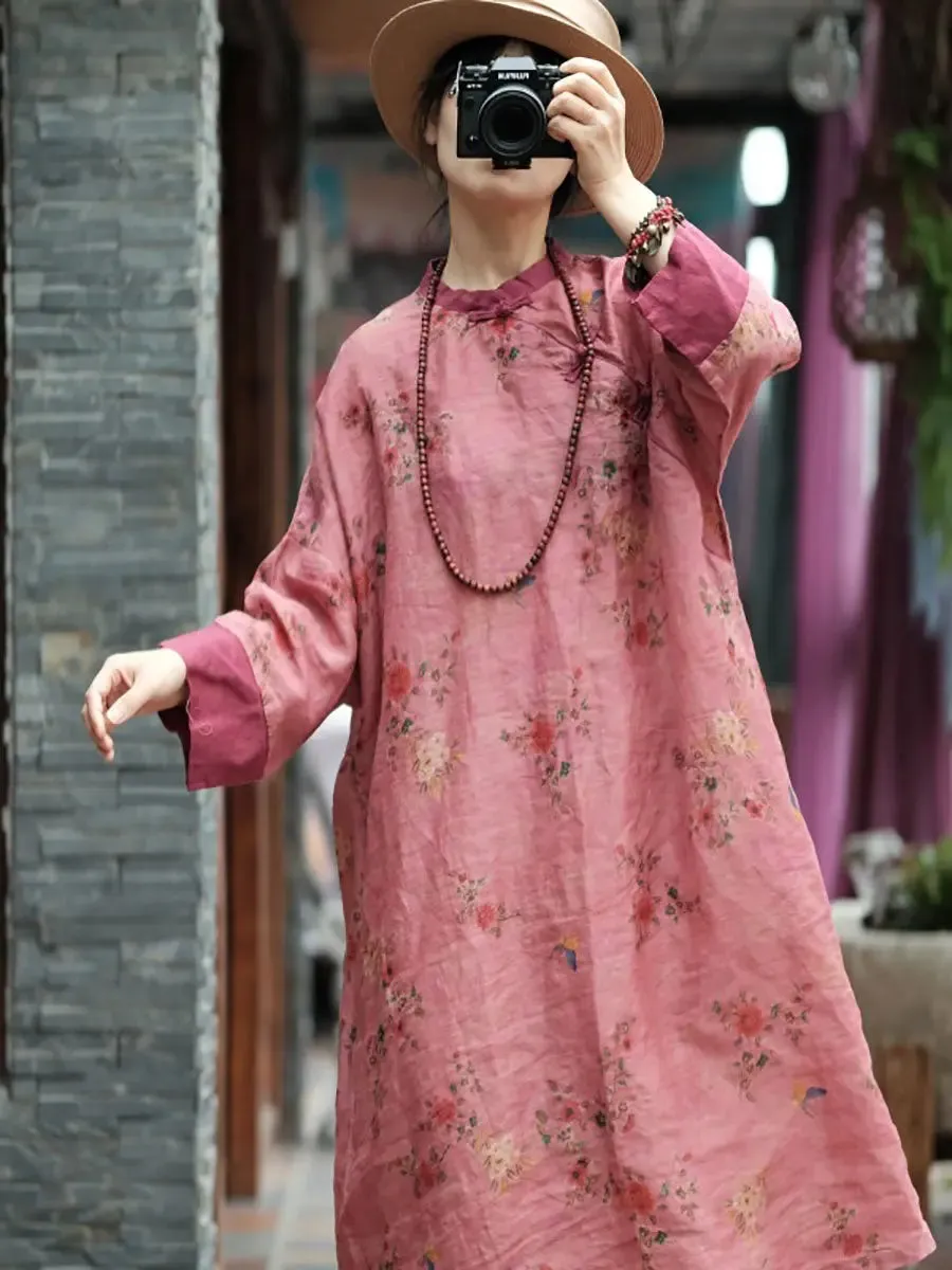 Women Floral Spliced Ramie Robe Dress