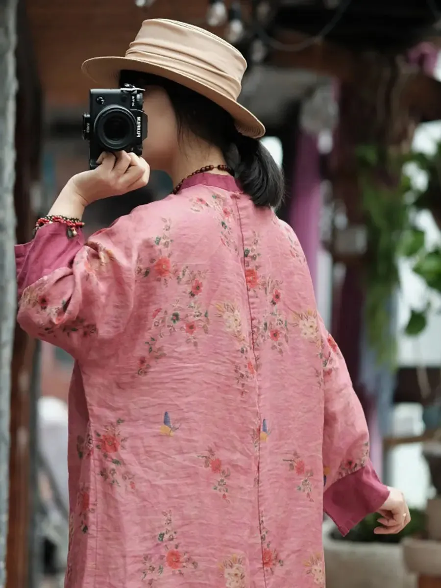 Women Floral Spliced Ramie Robe Dress