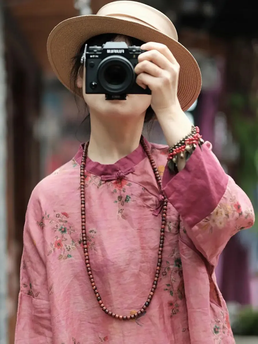 Women Floral Spliced Ramie Robe Dress