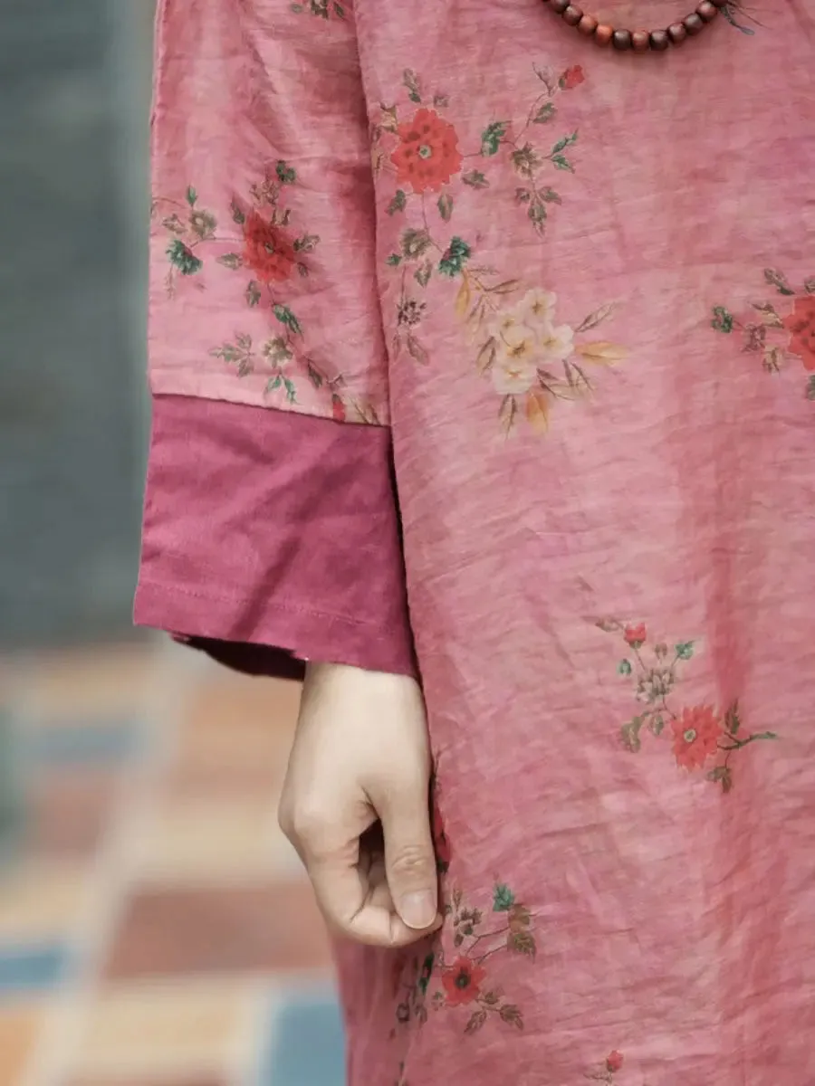 Women Floral Spliced Ramie Robe Dress