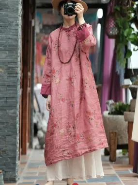 Women Floral Spliced Ramie Robe Dress