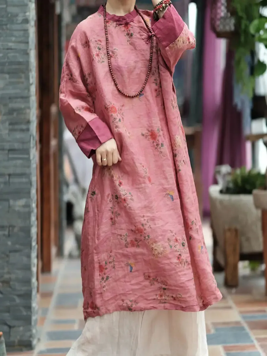 Women Floral Spliced Ramie Robe Dress