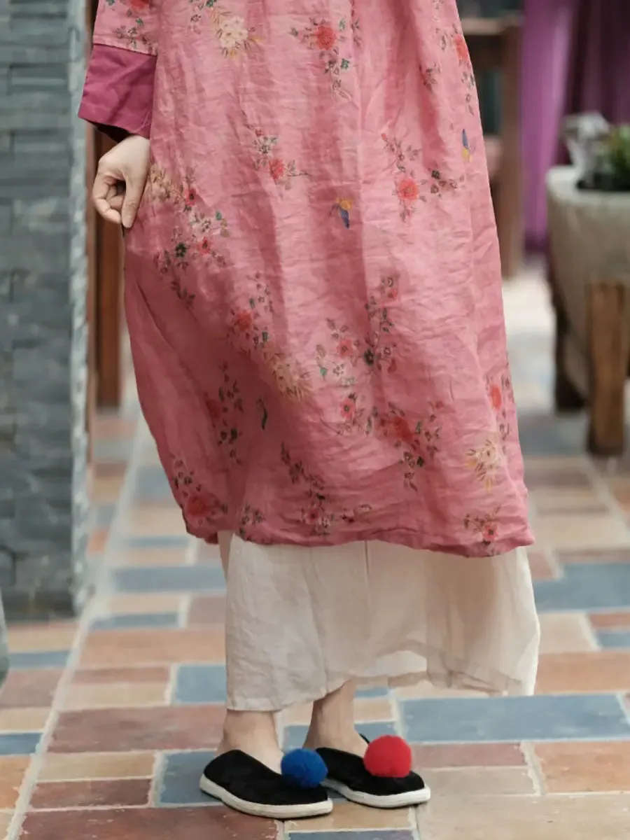 Women Floral Spliced Ramie Robe Dress