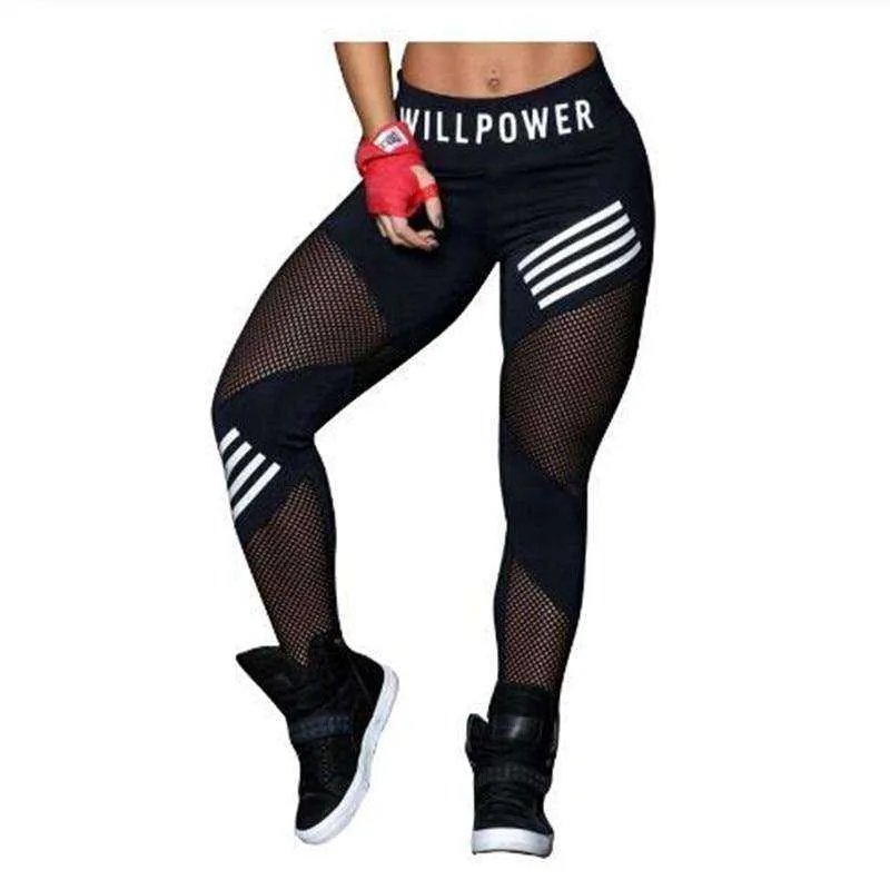Women High Waist Mesh Pacthwork  Plus Size Letter Print Black Gym Fitness Sports Leggings