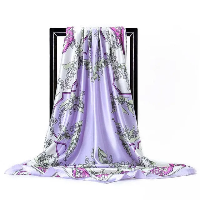 Women Print Foulard Satin Square Head  Scarfves  90cm