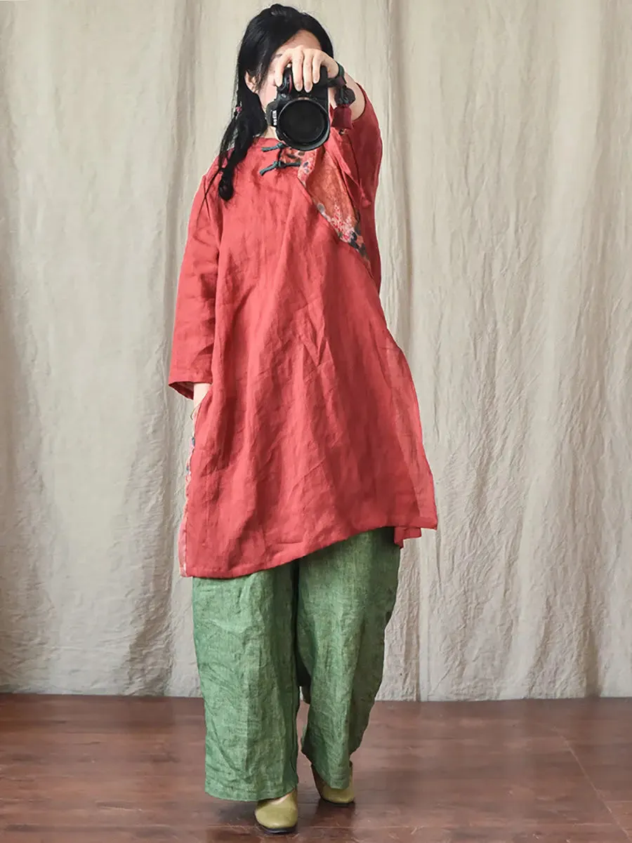 Women Spliced Ramie Robe Dress