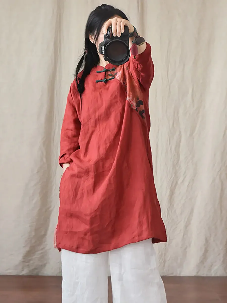 Women Spliced Ramie Robe Dress