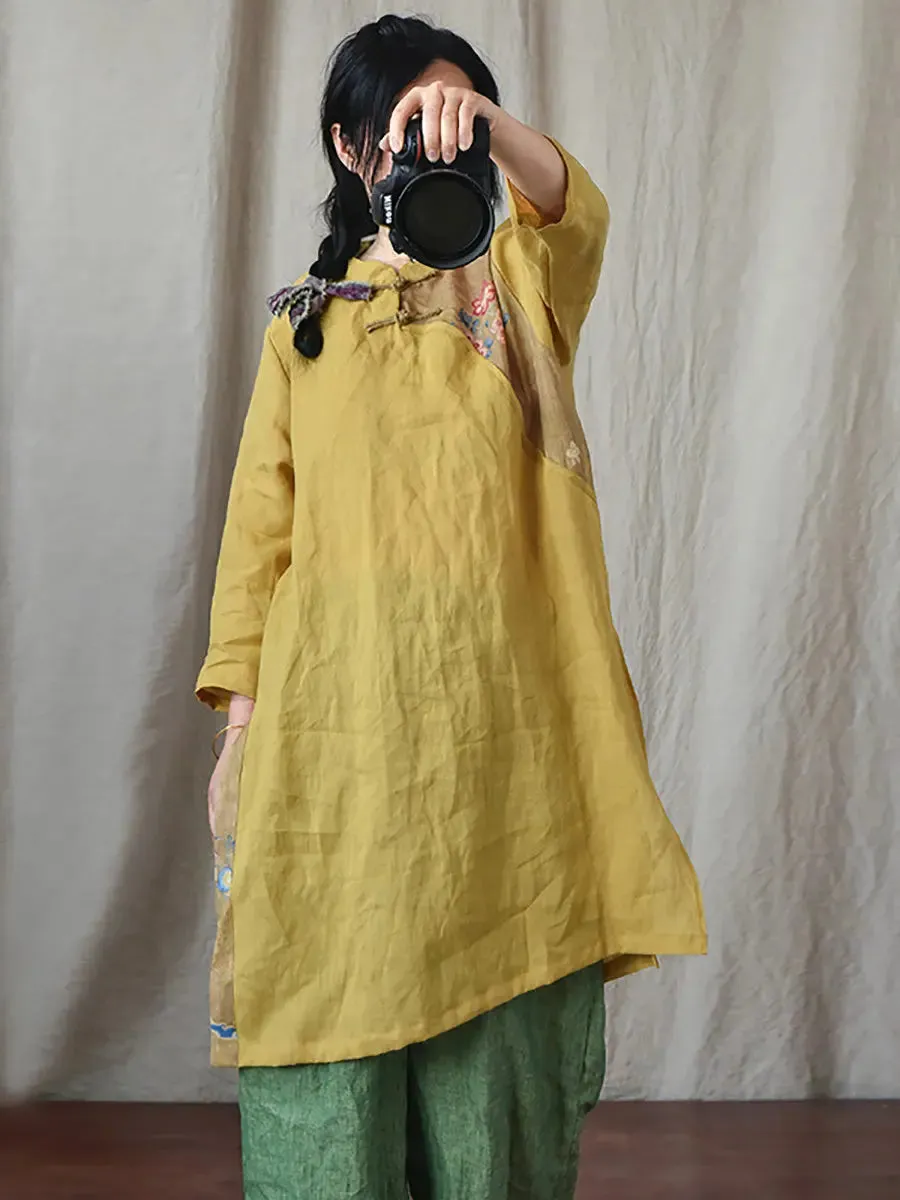 Women Spliced Ramie Robe Dress