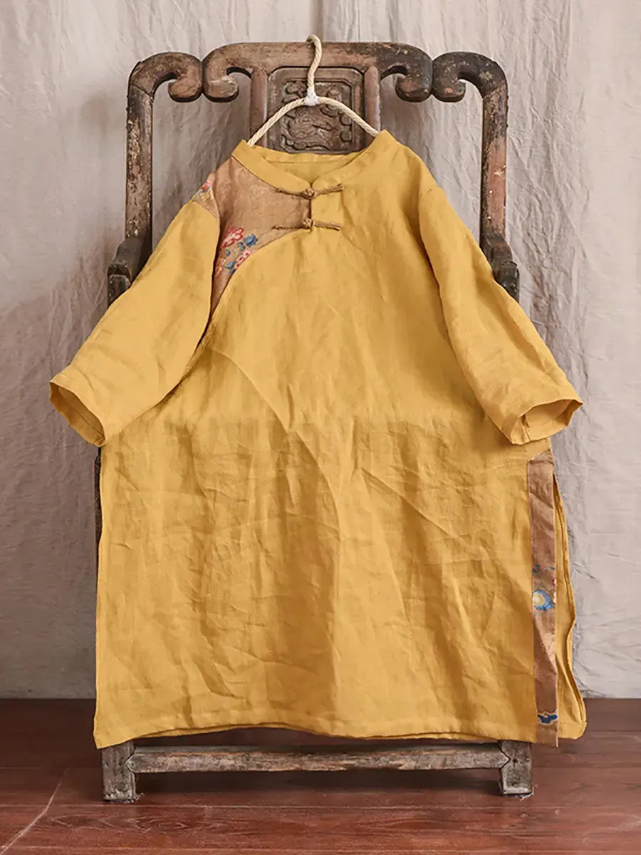 Women Spliced Ramie Robe Dress