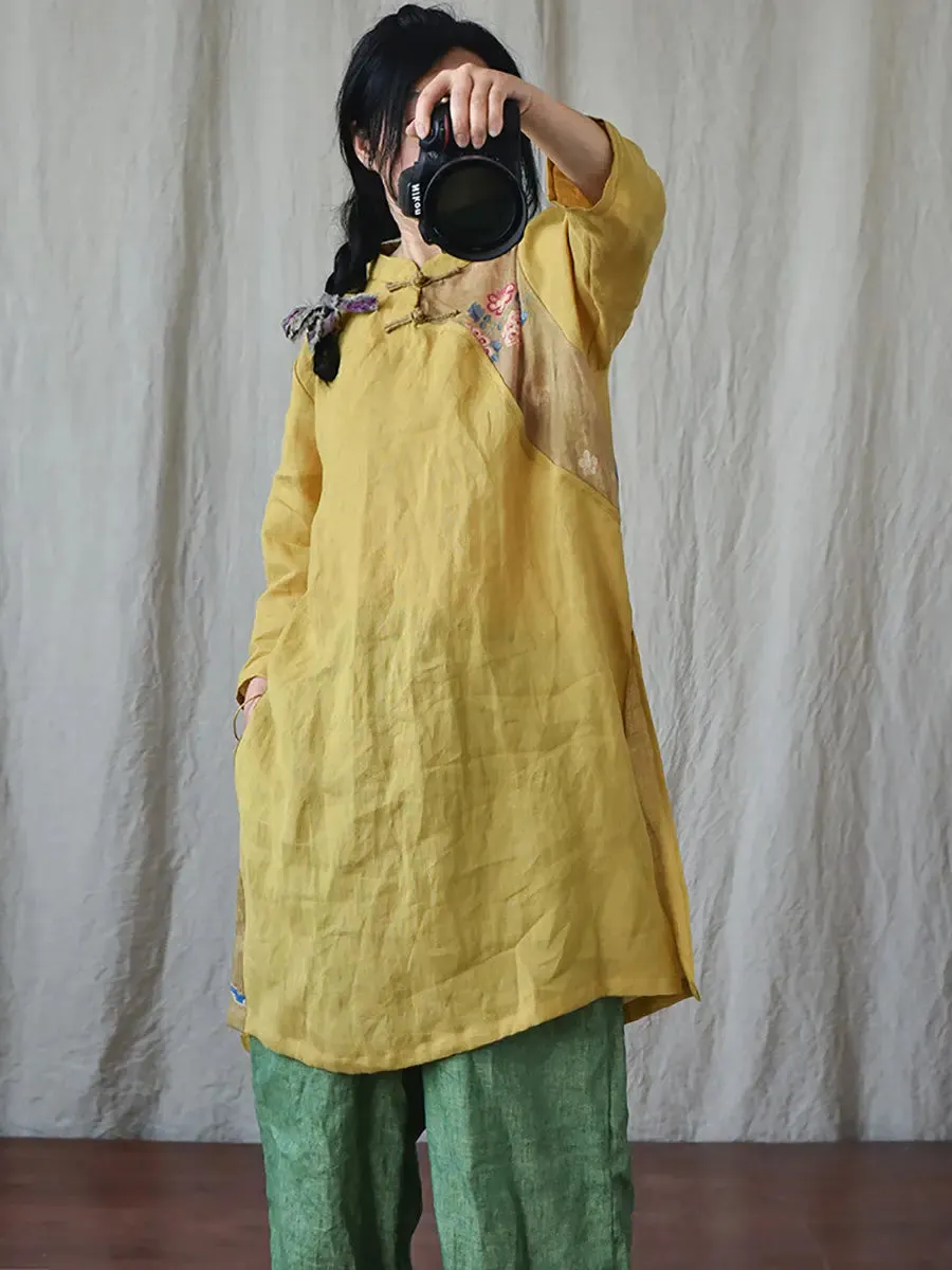Women Spliced Ramie Robe Dress