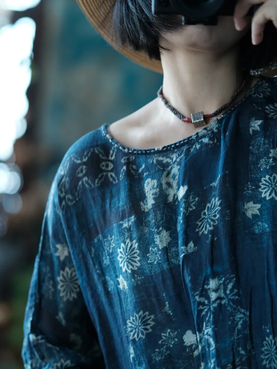 Women Spring Vintage Flower Loose Ramie Dress LL009