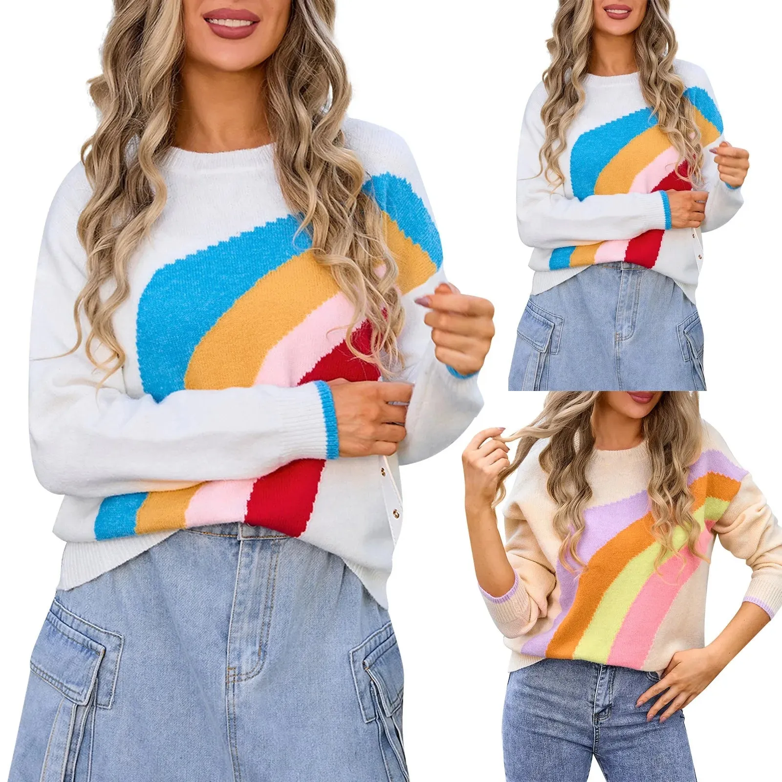 Women's Colorful Rainbow Knitted Jumper Cozy Sweater