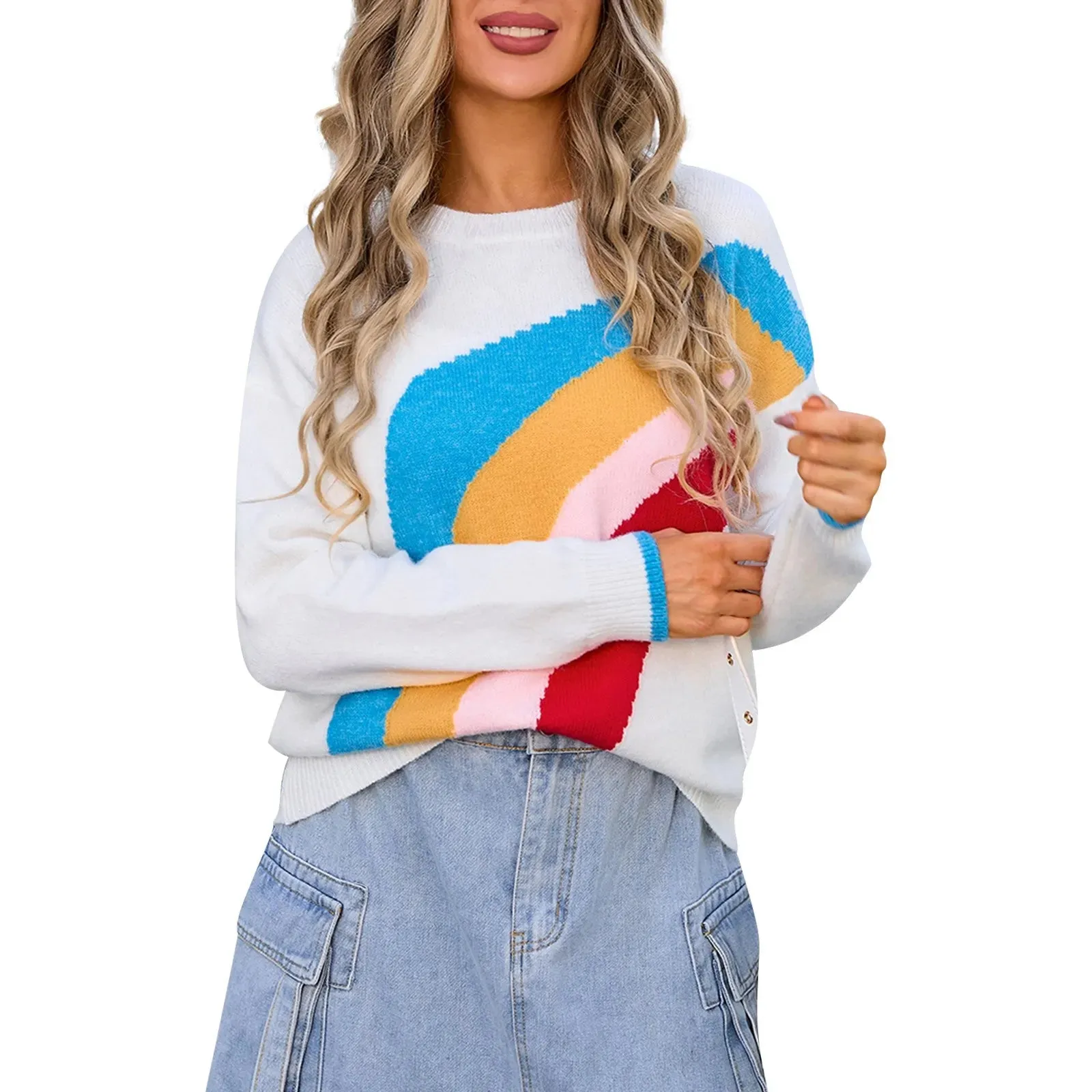 Women's Colorful Rainbow Knitted Jumper Cozy Sweater