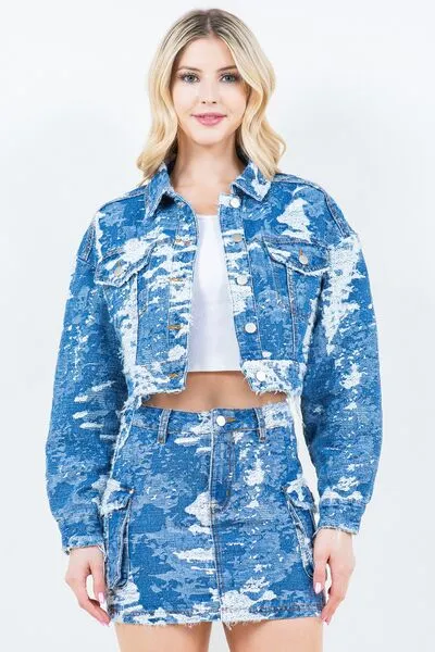 Women's Fashion Jacquard Trim Cropped Denim Jacket