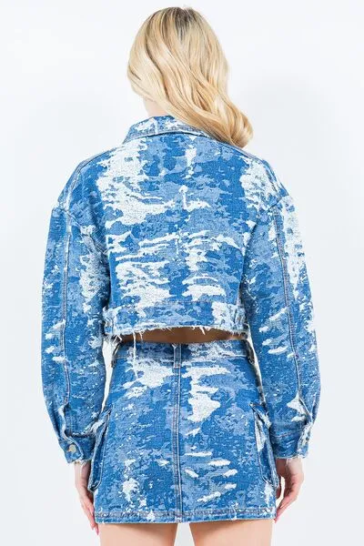 Women's Fashion Jacquard Trim Cropped Denim Jacket