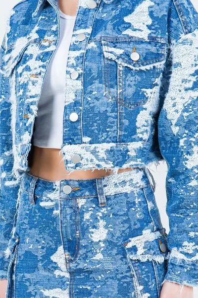 Women's Fashion Jacquard Trim Cropped Denim Jacket
