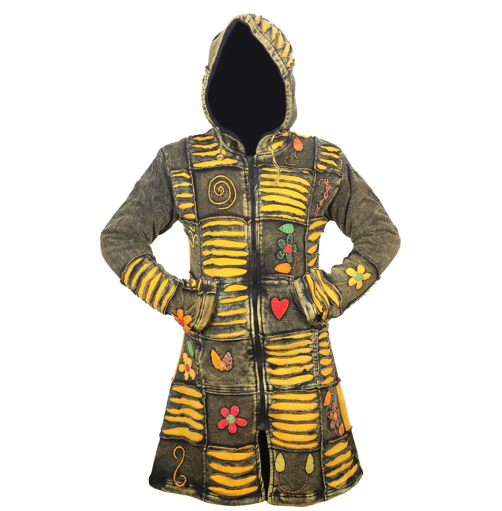 Women's Yellow Floral Embroidery Razor Cut Acid Wash Hippy Long Coat
