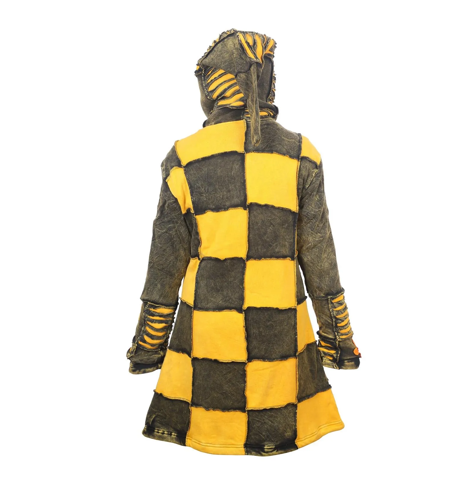 Women's Yellow Floral Embroidery Razor Cut Acid Wash Hippy Long Coat