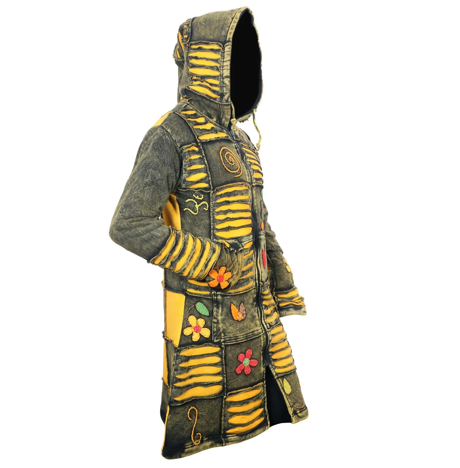 Women's Yellow Floral Embroidery Razor Cut Acid Wash Hippy Long Coat