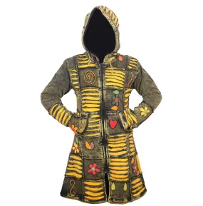 Women's Yellow Floral Embroidery Razor Cut Acid Wash Hippy Long Coat