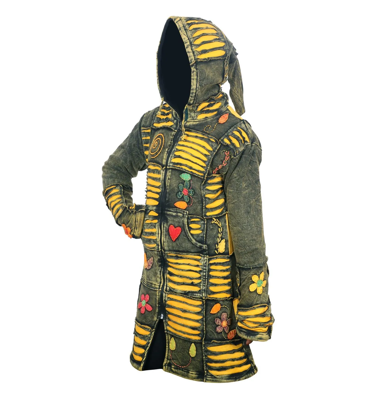 Women's Yellow Floral Embroidery Razor Cut Acid Wash Hippy Long Coat