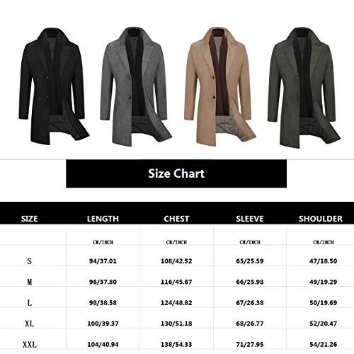 WULFUL Men's Slim Fit Winter Wool Coat Long Trench Coat Business Jacket (Grey, XX-Large)
