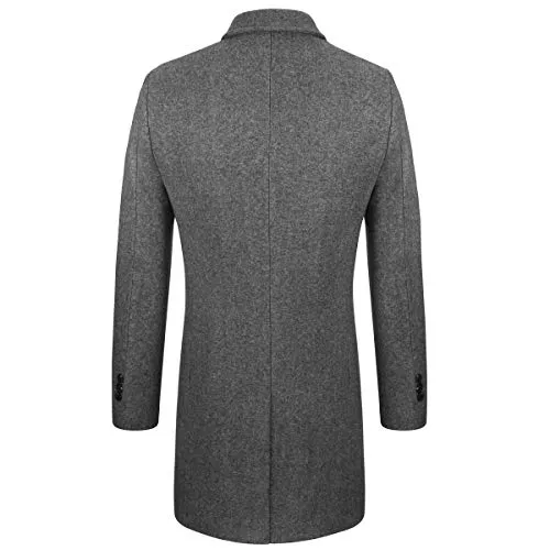 WULFUL Men's Slim Fit Winter Wool Coat Long Trench Coat Business Jacket (Grey, XX-Large)